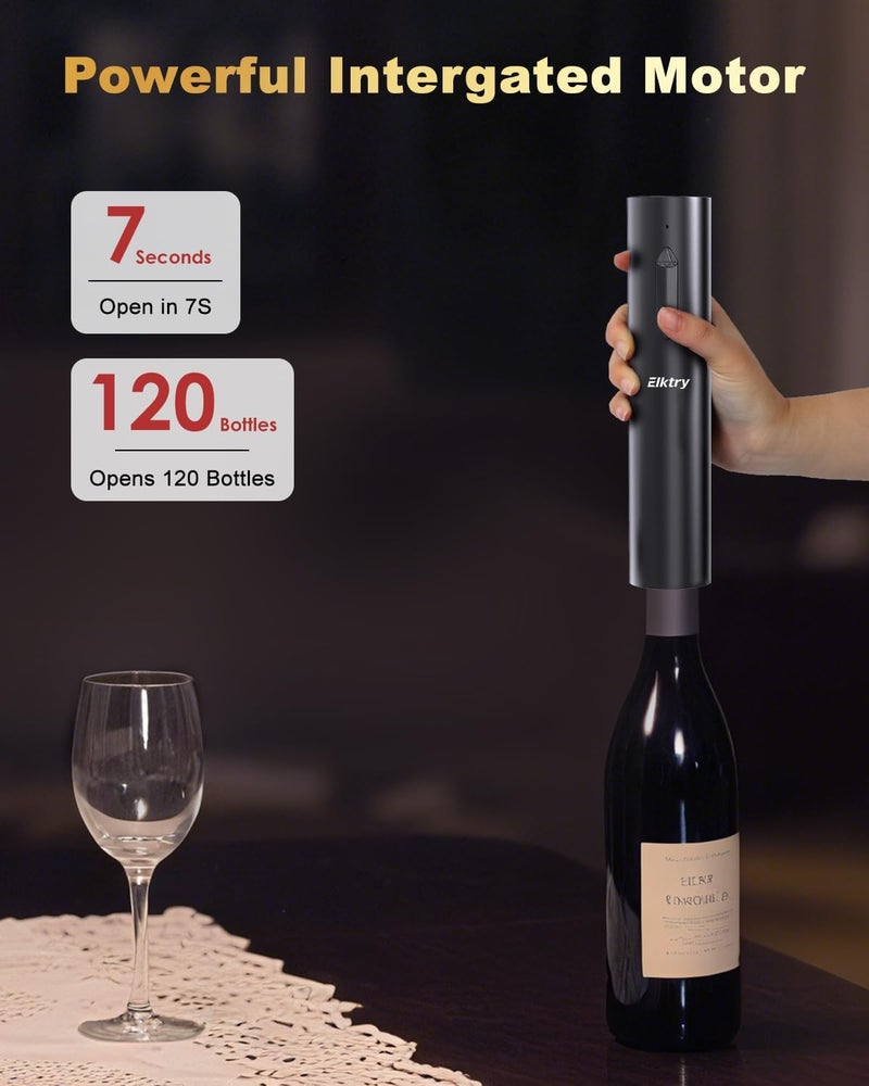 Elktry Electric Wine Opener, Rechargeable Wine Bottle Opener, Electric Corkscrew Wine Opener with Foil Cutter, Wine Pourer&Vacuum Stoppers, USB-C Charge Cable, Ideal Gift for House Warming Wedding Party - Image 3